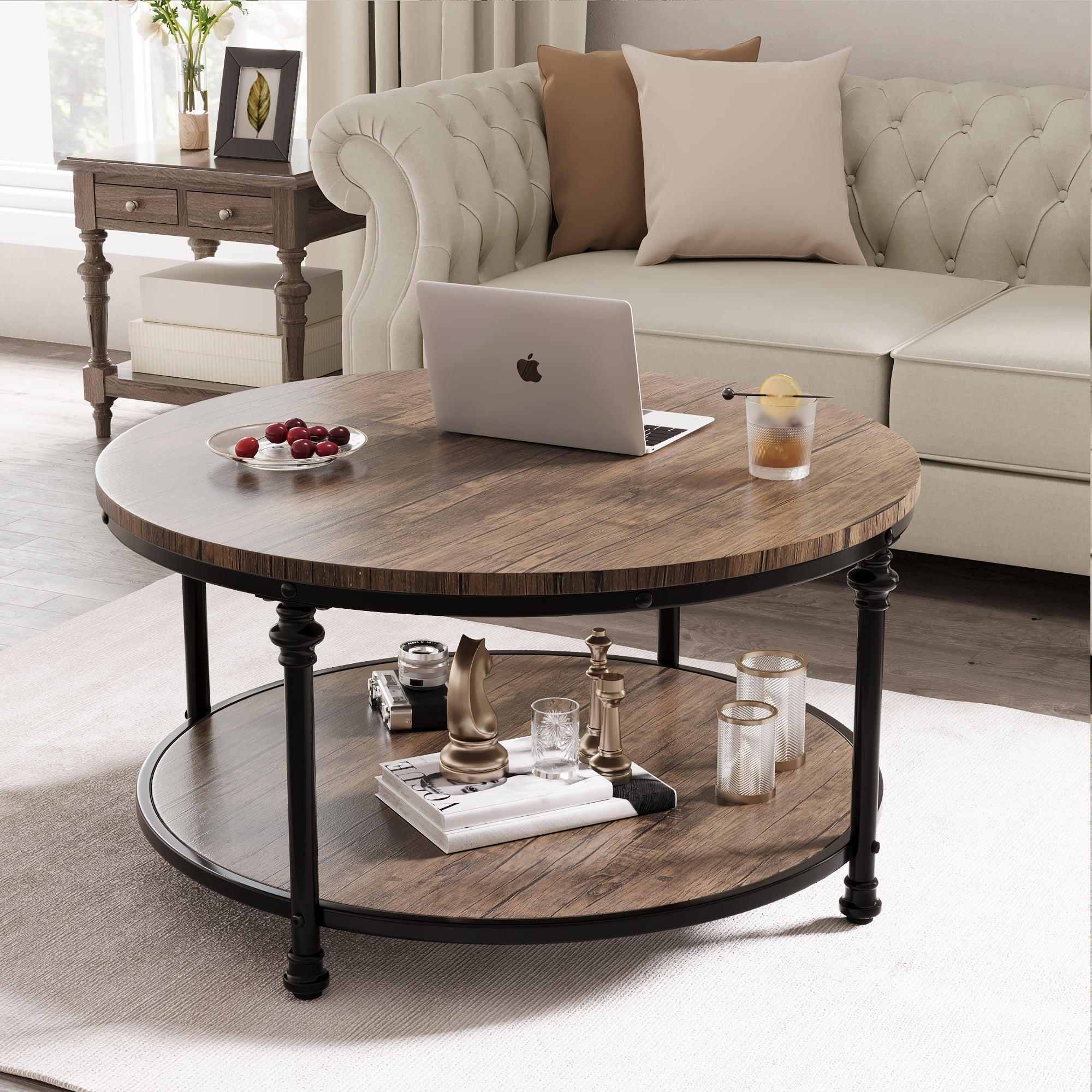 Cozony Rustic Round Coffee Table With Storage Shelf, 2-Tier Industrial ... in