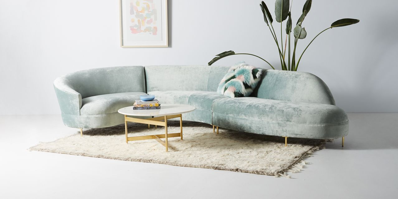 Curved Blue Velvet Sofa | Baci Living Room in Unique Velvet Sofa With Curved Design And Deep Comfortable Seating, Cream/L-Shaped
