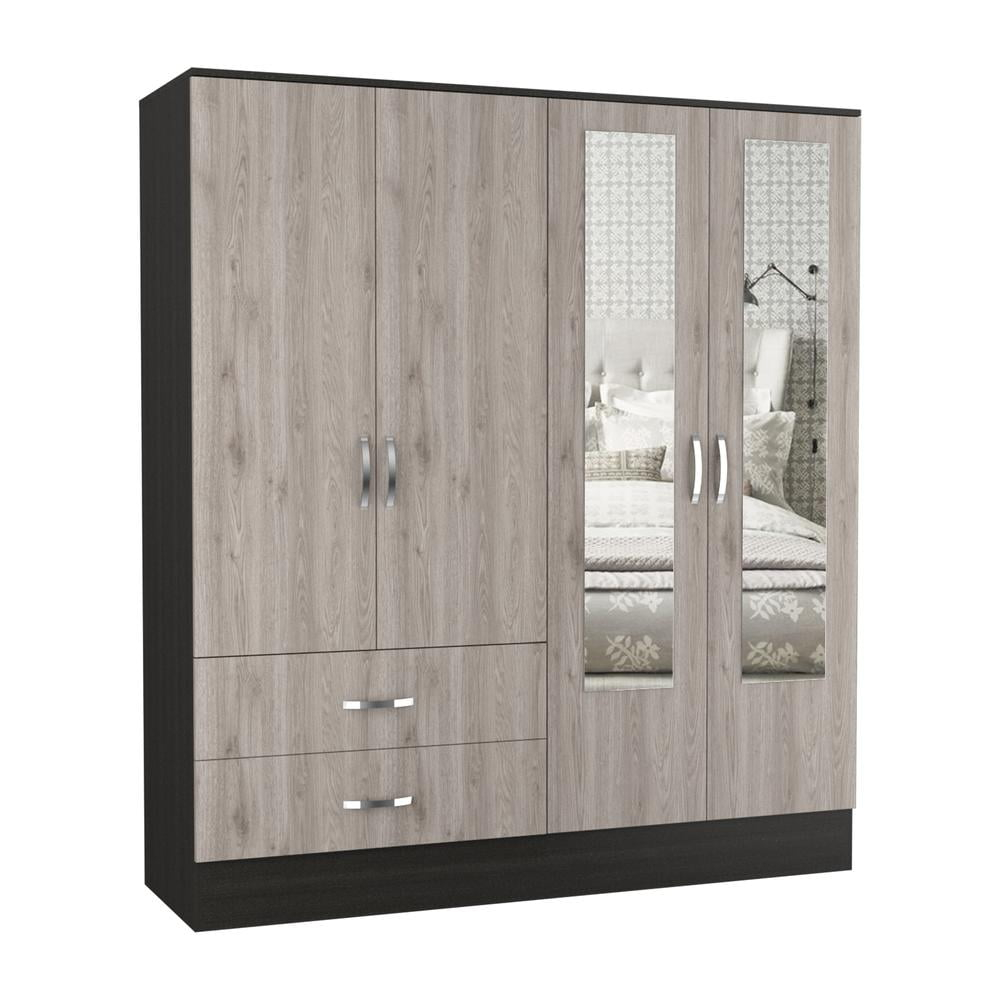 Depot E-Shop Gangi 160 In. Armoire With Mirror, Drawers, Rod, Black &amp;amp; Light Gray - Walmart.com within A Closer Look at the Gangi 120 Mirrored Armoire Black+Light Grey Design