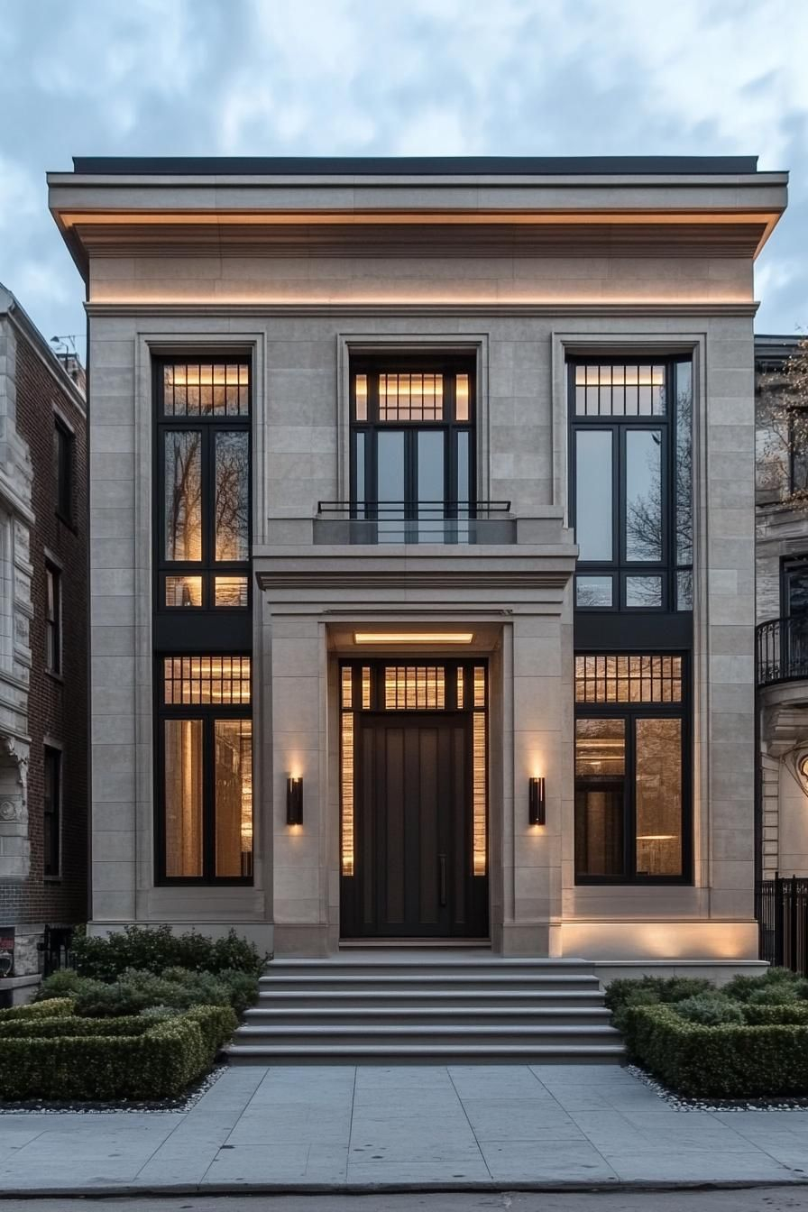 Elegant House With Symmetrical Facade And Warm Lighting. The Charm Of ... throughout Maximising Modernity In Transitional Neoclassical Interiors