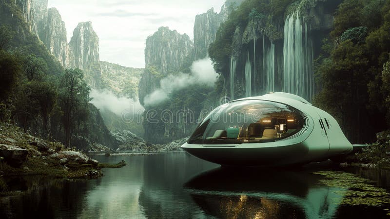 Futuristic Eco Capsule Peaceful Lake Tranquil Waterfall Lush Green ... within Inside The Fusion Retreat Futuristic Design And Natural Materials