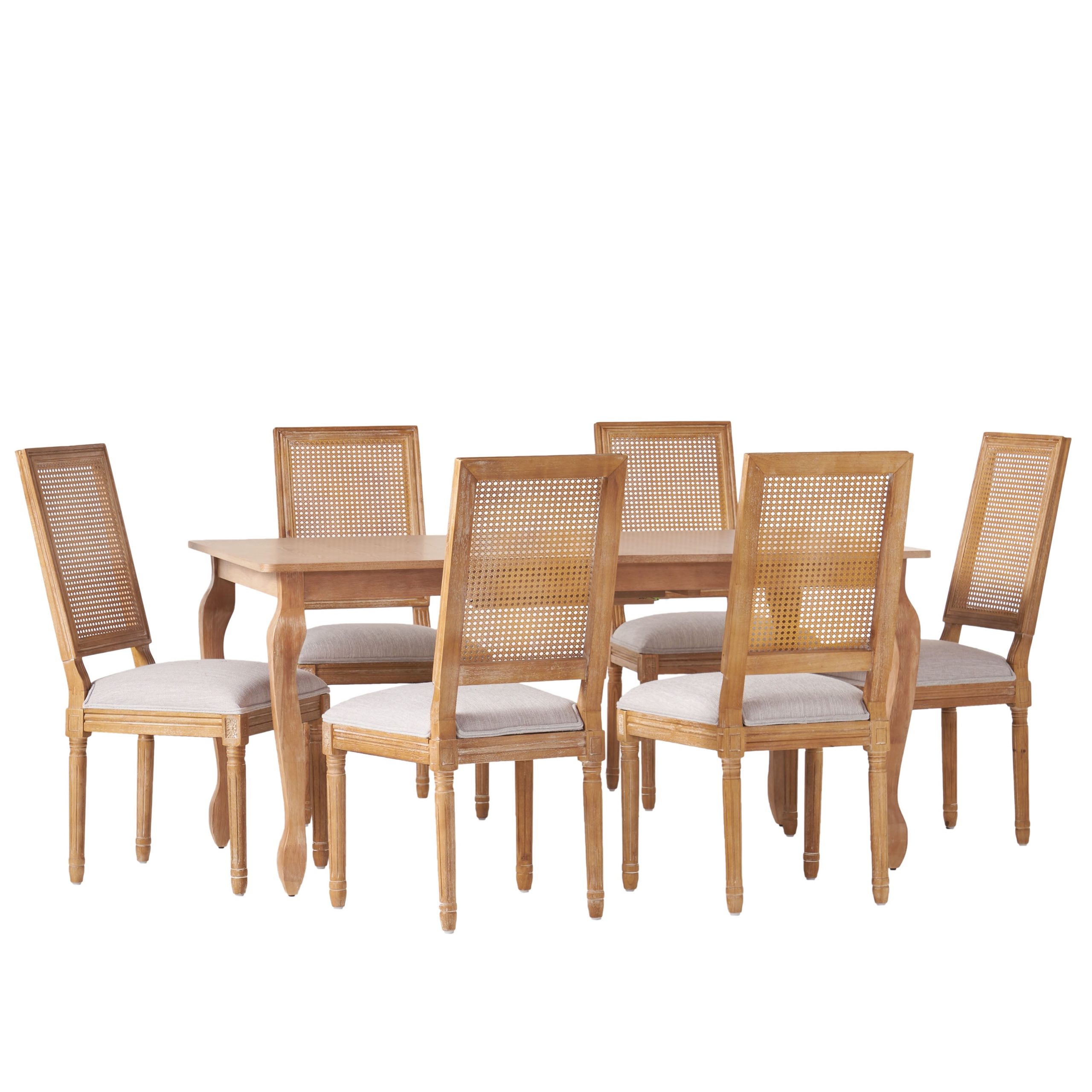 Gdf Studio Fernleaf French Country Fabric Upholstered Wood And Cane ... in Fernleaf Fabric Upholstered Wood And Cane Expandable 7-Piece Dining Set, Natural Brown/Beige