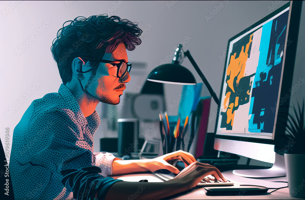 Human Man Graphic Designer Works At The Office Desk Sketch Cartoon ... for