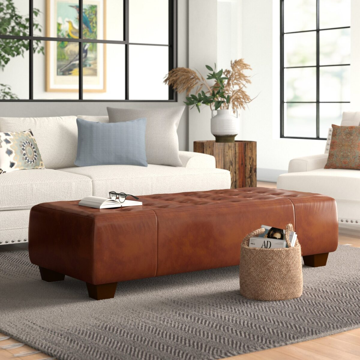 Large Leather Ottoman Coffee Table Genuine Cowhide Durable 62 Inch ... with Geunine Leather Upholstered Coffee Table, Camel