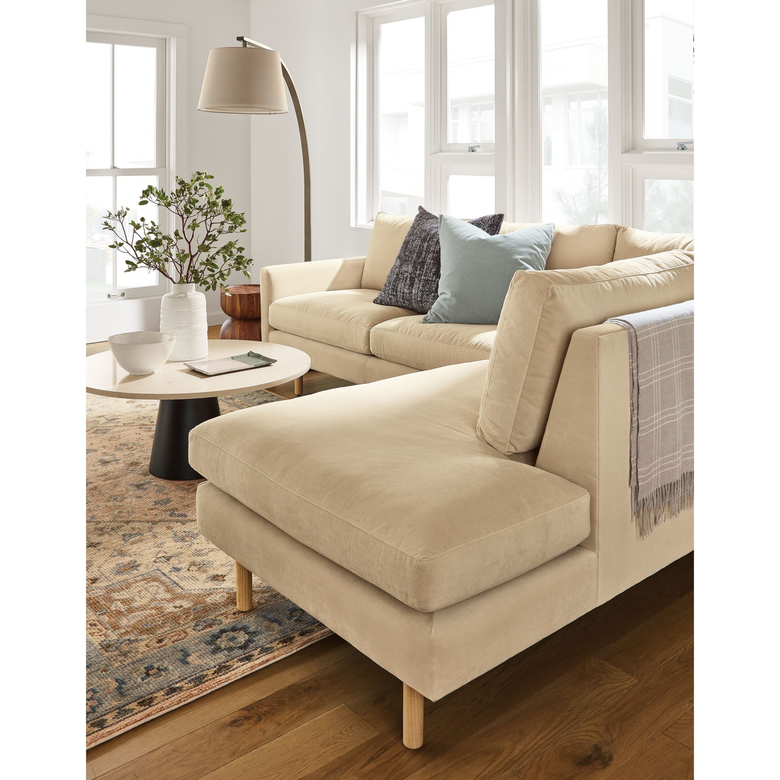 Mid-Century Styling Meets Modern Comfort In The Jasper Sectional ... with regard to Indulge Upholstered Modular L-Shaped Sectional, Beige, 6-Piece: 3 Armless Chair, 3 Corner Chair, Down Stuffed Velvet