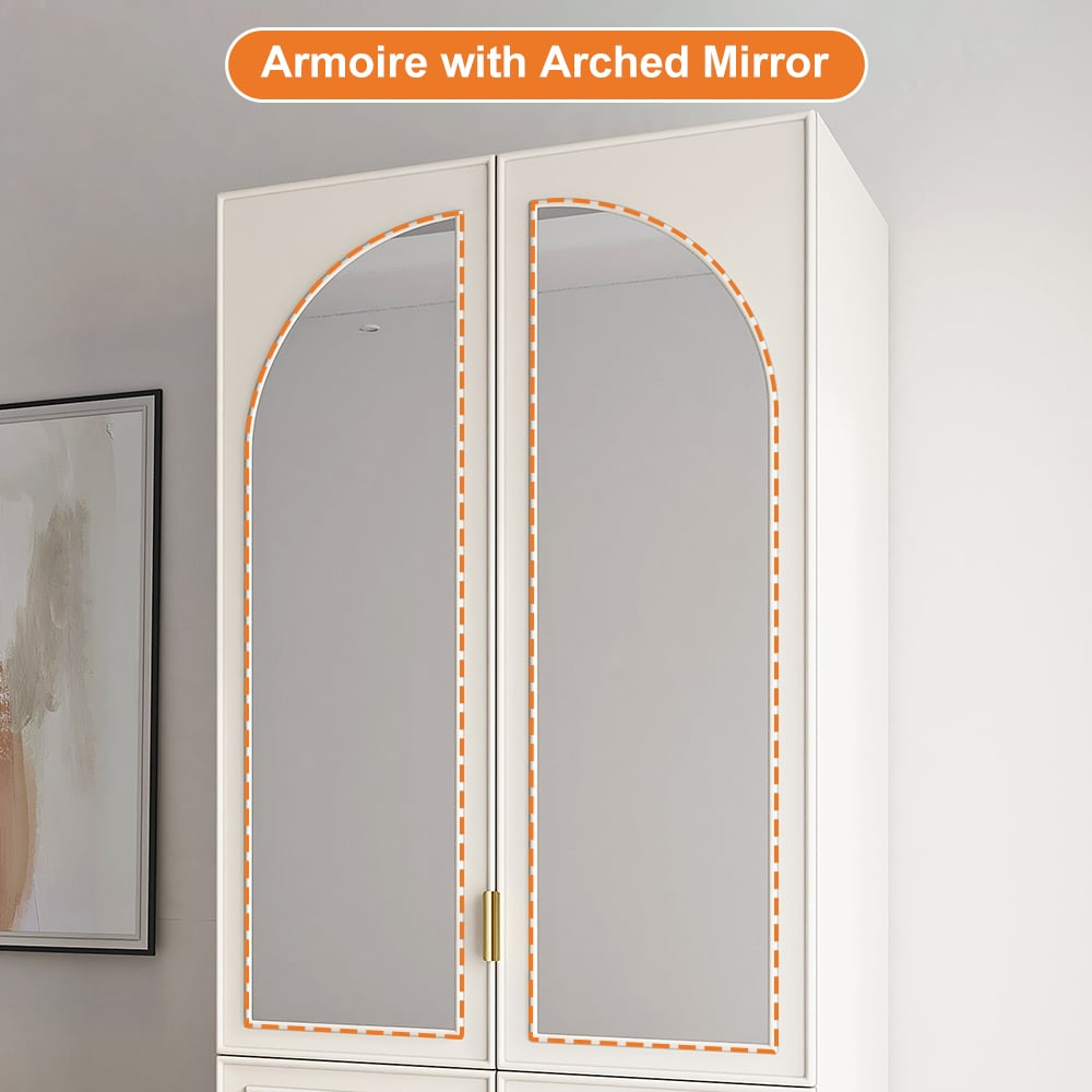 Modern Farmhouse White Armoire Clothes Cabinet With Arched Mirror 2 ... pertaining to The Practical Elegance of Arched Door Armoires with Mirrors