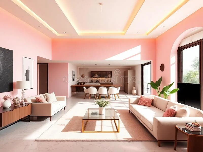Modern Luxury Villa Apartment Interior, Pink Color. Stock Illustration ... intended for The Psychology of Pink How This Hue Transforms a Marshmallow Apartment