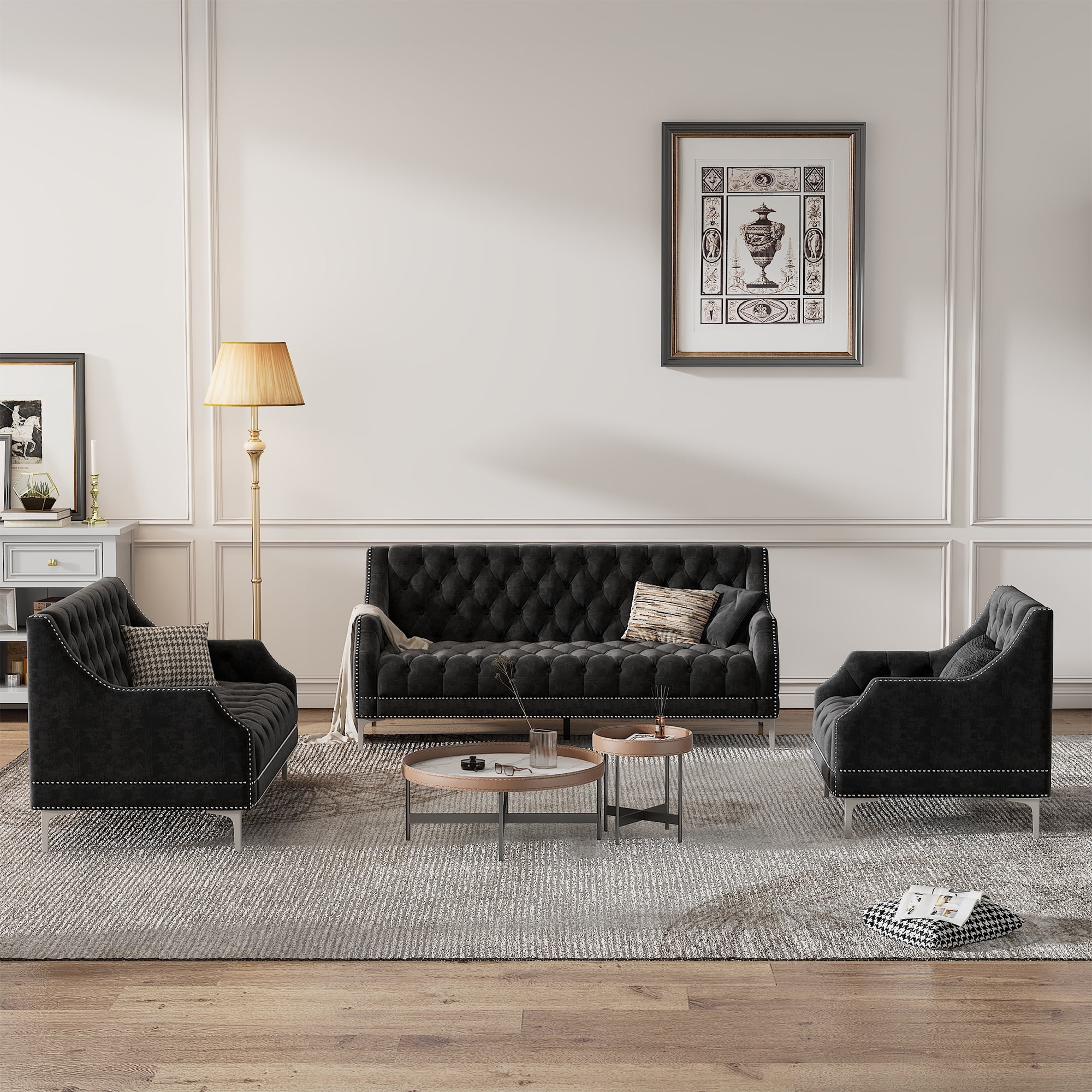 Modern Three-Piece Sofa Set With Metal Legs, Buttoned Tufted Backrest, Frosted Velvet ... inside Warner Gray 3-Piece Sofa Set With Corner-Piece