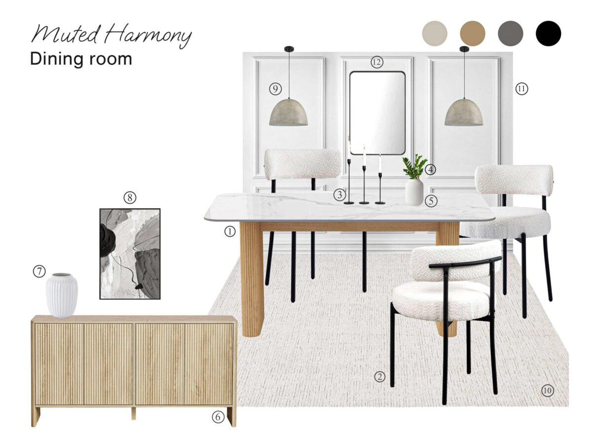 Muted Harmony Dining Room: Board With Shopping List regarding Designing a Serene Dining Space The Power of Muted Harmony