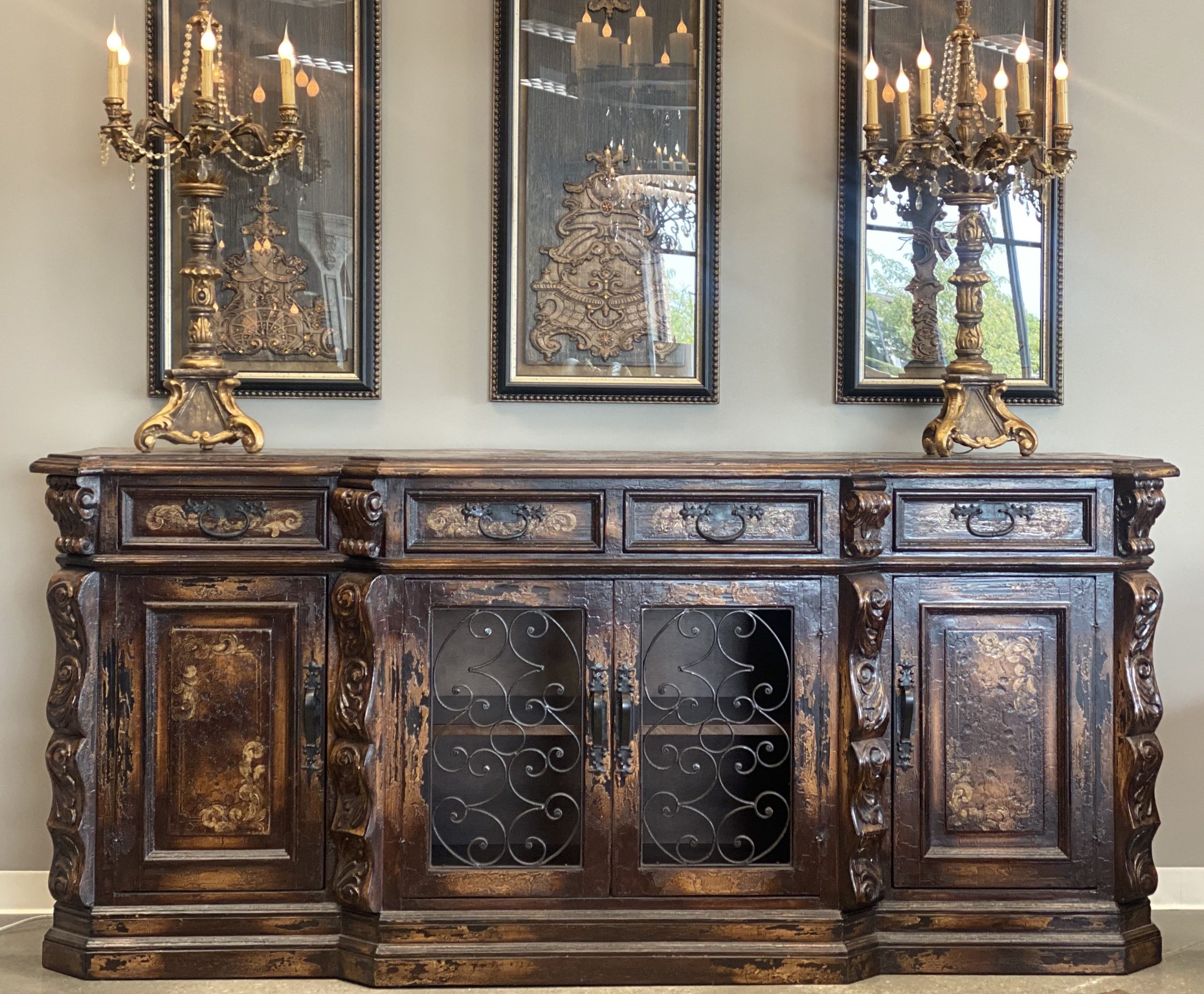 Old World Tuscan Style Carved Wood Buffet intended for Transitional Buffet Cabinet With 2 Doors, Oak &amp;amp; Black Wood-Iron Design