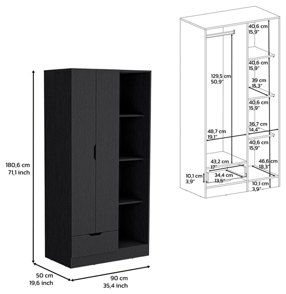 Pemberly Row Engineered Wood Armoire With 4-Tier Open Shelves In Black ... within Pemberly Row Modern Engineered Wood Armoire In Soft White/Lintel Oak