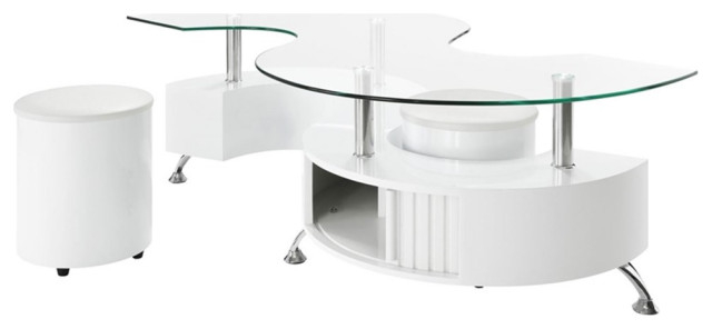 Pemberly Row Wood Curved Glass Top Coffee Table With Stools In White ... pertaining to Pemberly Row Glass Coffee Table In White