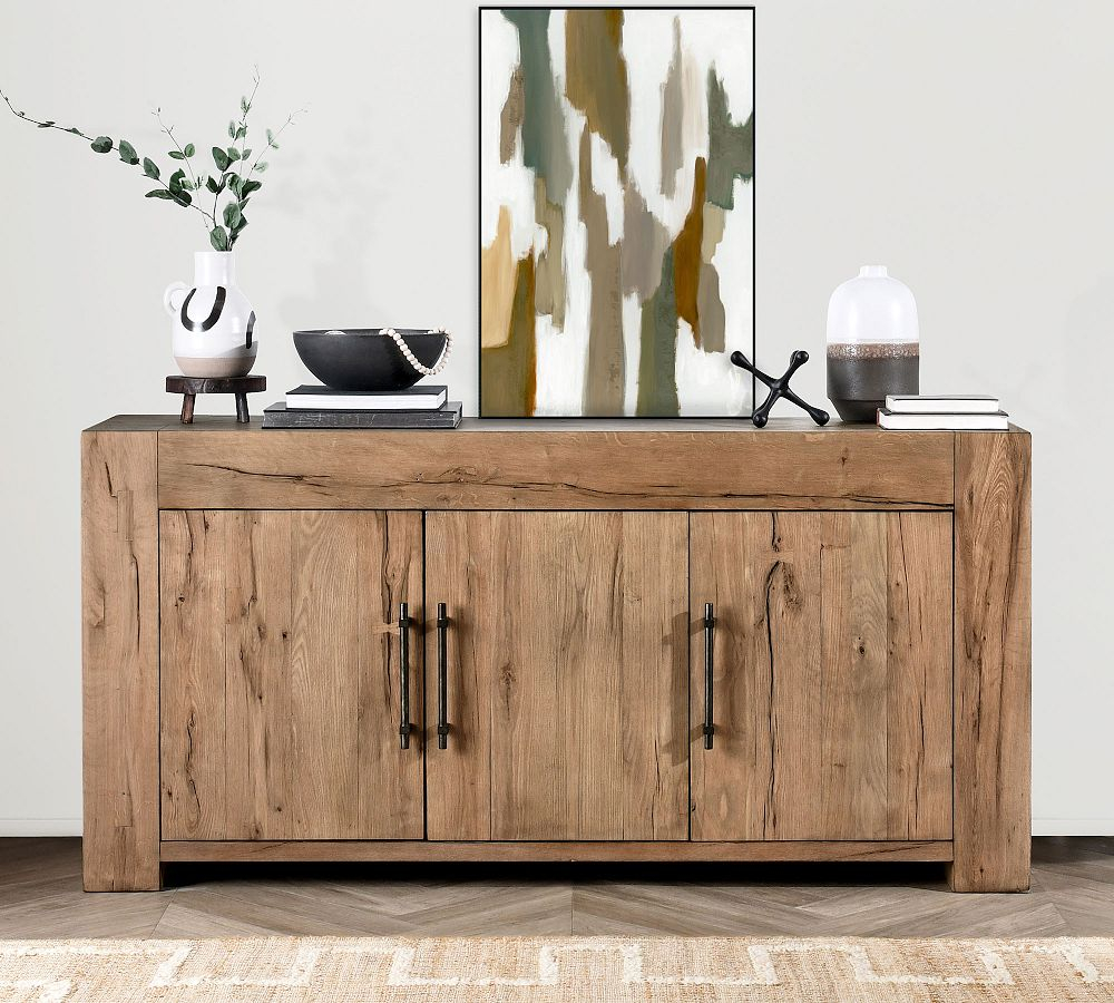Pottery Barn Raymond Reclaimed Wood Buffet | The Summit At Fritz Farm in Transitional Buffet Cabinet With 2 Doors, Oak &amp;amp; Black Wood-Iron Design