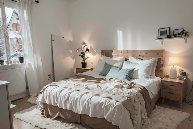 Premium Ai Image | Nordic Hygge Bedroom Cozy Scandinavian Comfort for From Concept to Comfort A Hygge Bedroom Product Board Revealed