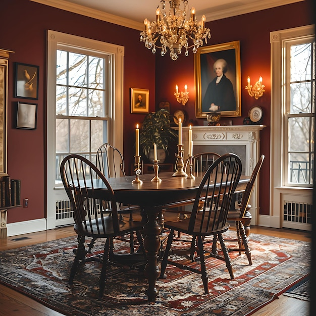 Premium Photo | Cozy Colonial Inspired Dining Room With Windsor Chairs ... intended for How to Style Your Space with a Set of Traditional Windsor Chairs
