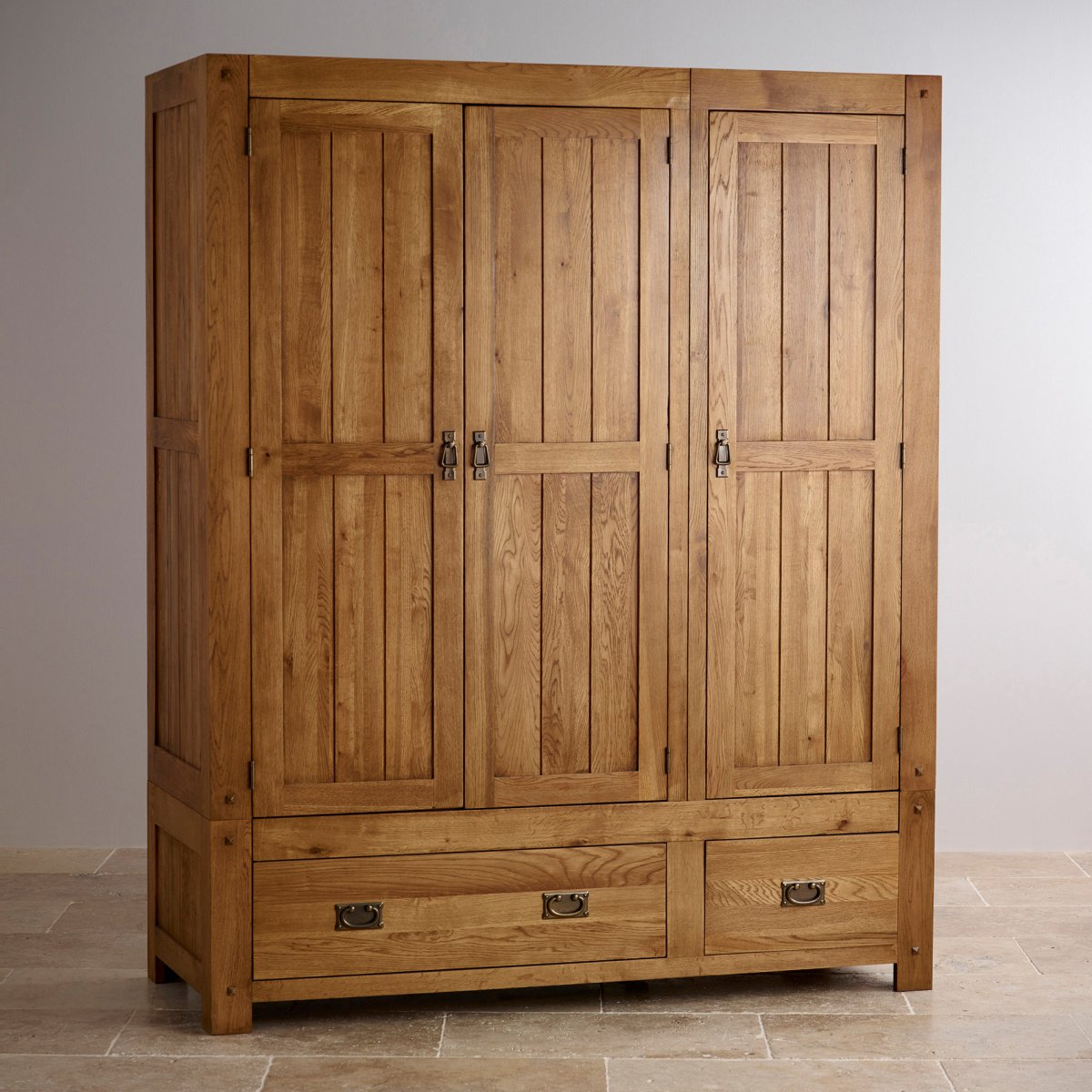 Quercus Triple Wardrobe | Rustic Oak | Oak Furniture Land inside Oak Solid Wood Wardrobe, Natural Wood, 70.9X24.4X78.7 In