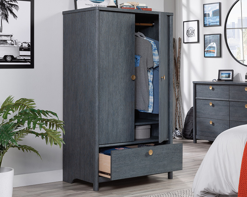 Sauder Dover Edge™ Bedroom Armoire With Drawer In Denim Oak 433520 within Why the Sauder Dover Edge Armoire Glacier Oak is a Bedroom Essential