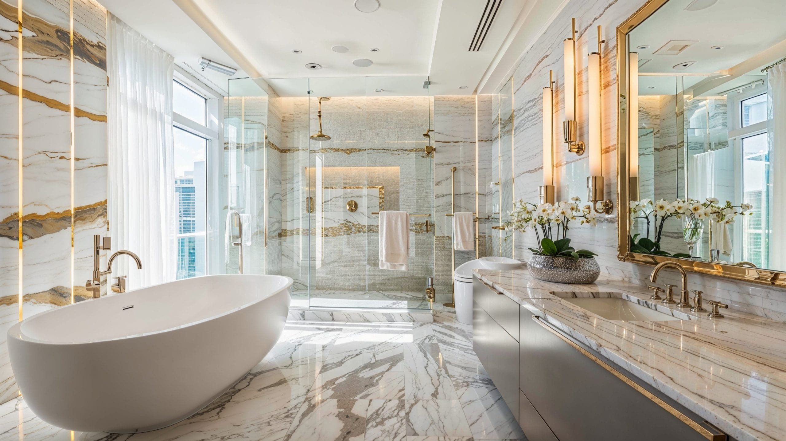 12 Elegant Bathroom Design Ideas For A Spa-Inspired Space - Decorilla ... pertaining to Austen 73&amp;quot; Vanity Combo, White, Brushed Silver / Natural 1&amp;quot; Carrara White Marble Countertop And Backsplash