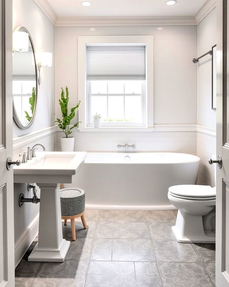 25 Gray Floor Bathroom Ideas To Get Inspired in 60&amp;quot; Single Bath Vanity, White, Carrara Countertop, Sink, Gold Trim, 58&amp;quot; Mirror