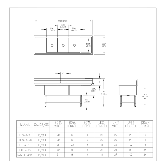 3 Compartment Sink Specifications - Maintenance Supply Company in Kingston Brass Kvsp3722A Kingston Commercial 37&amp;quot; Single Basin - Brushed
