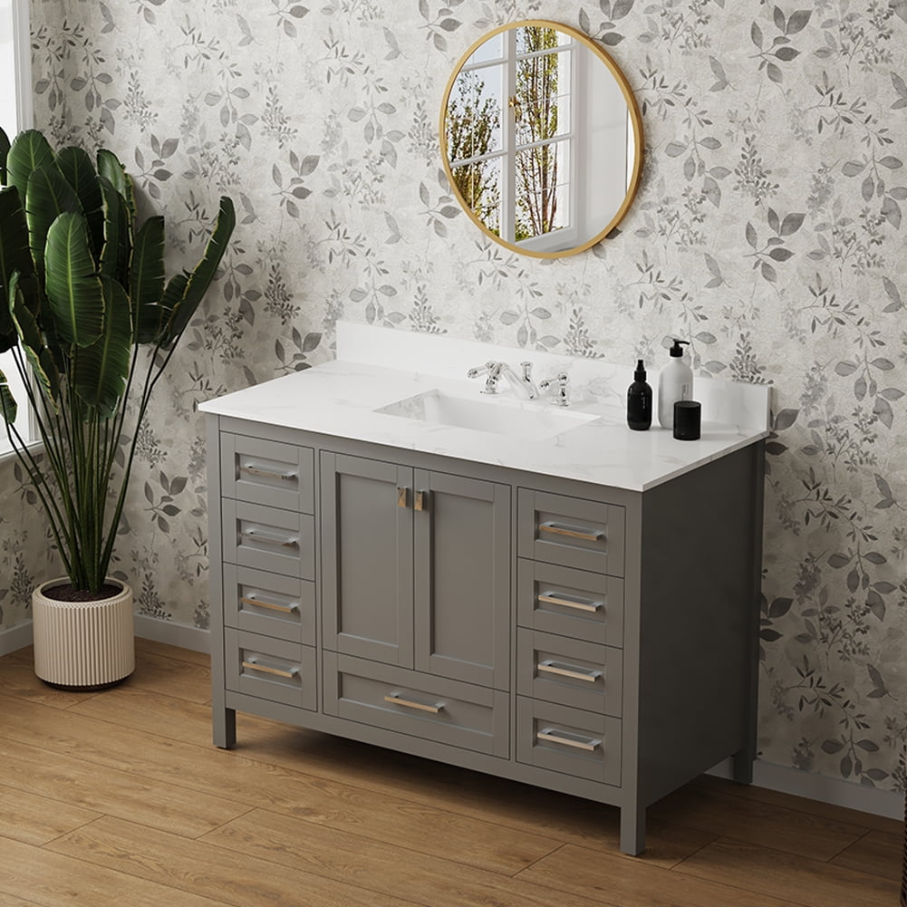 48&amp;quot;White Bathroom Vanity With Sink Combo,Mid-Century Bathroom Sink ... regarding White vanity with matte gold accents natural marble countertops and backsplash in allie 43 combo