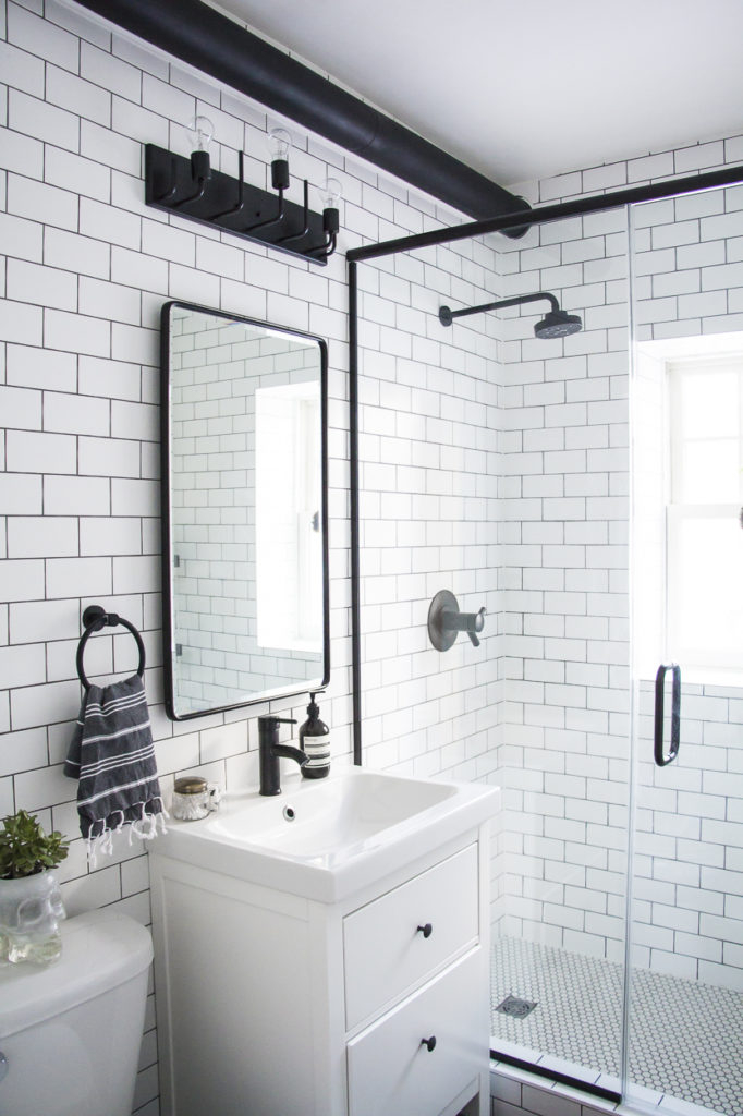 A Modern Meets Traditional Black And White Bathroom Makeover - Kristina ... with regard to The art of choosing black trim for modern bathroom aesthetics