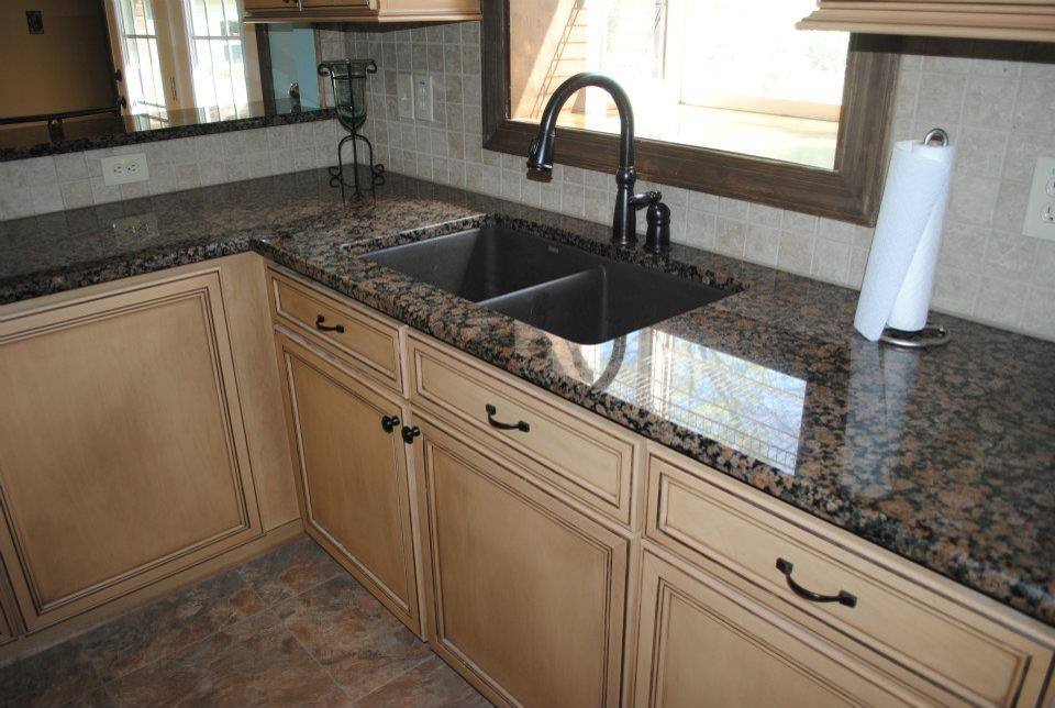 Baltic Brown Granite With Tile Backsplash. Maple Cabinets - Traditional ... inside 49X22 Baltic Brown Granite Vanity Countertops, 8 Faucet Spread