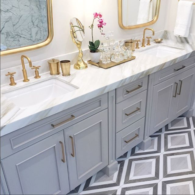 Bathroom With Gold Accents And Double Sinks inside 42&amp;quot;Sgl Bathroom Vanity Dark Gray, Carrara Countertop, Sink, Gold Trim, 34&amp;quot;Mirror