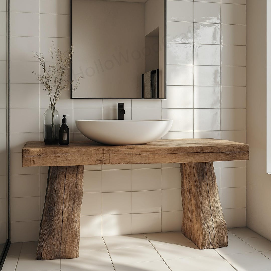 Custom Live Edge Wood Bathroom Vanity – Unique Handmade Farmhouse Sink ... throughout Vidaxl Bathroom Countertop Live Edge Vanity Top Light Brown Treated Solid Wood