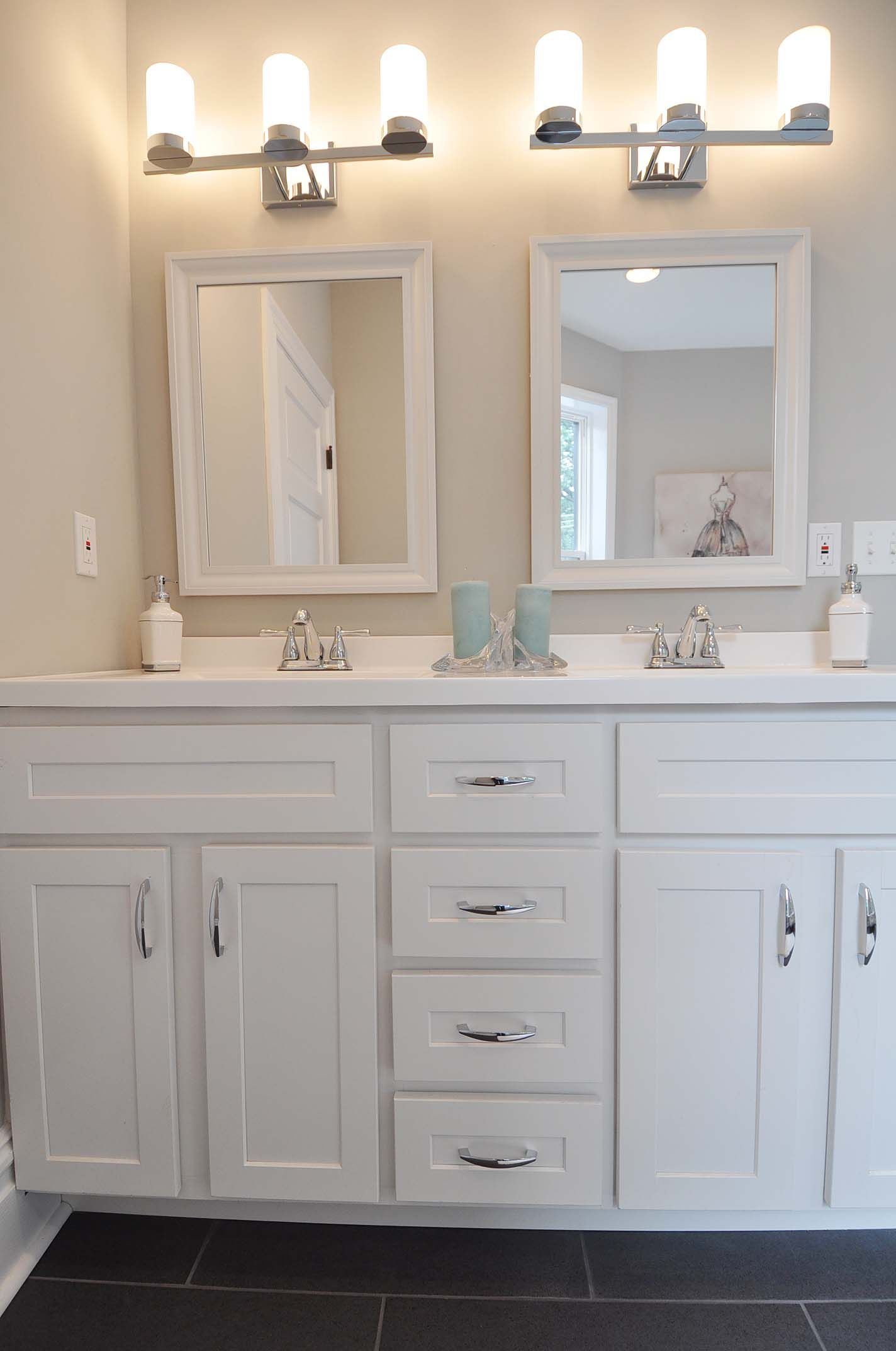 Double Vanity With White Shaker Cabinets And Marble Top | Double Vanity ... with regard to 60&amp;quot; Double Bathroom Vanity, White, No Countertop, 24&amp;quot; Mirrors