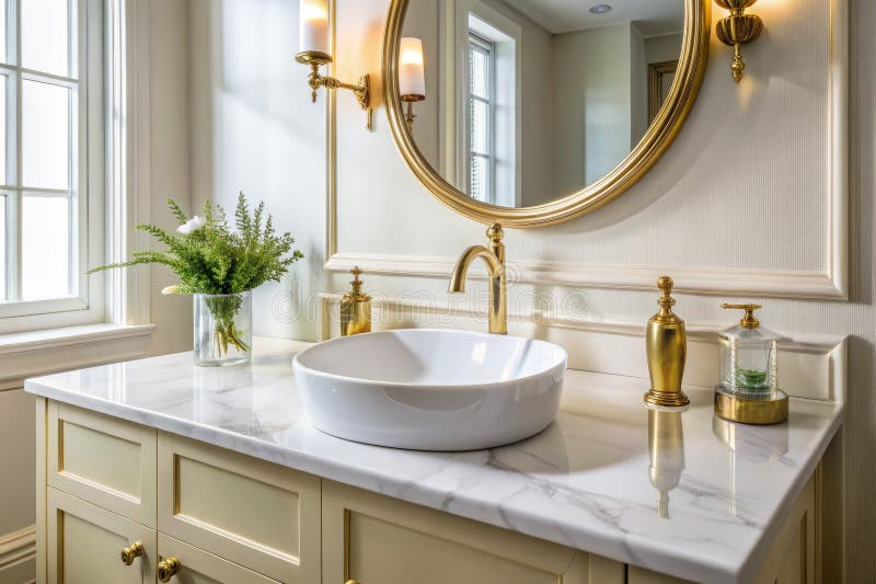 Elegant White Bathroom Sink With Antique Brass Accents And Circular ... inside How 42SGL Vanity White Creates Elegant Bathroom Design Solutions