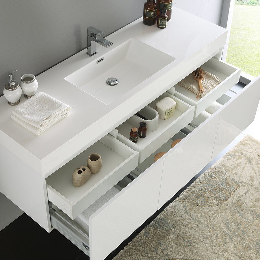 Fresca 60 Inch Mezzo Modern Single Sink Vanity With Integrated Sink ... in 60&amp;quot;Dbl Bath Vanity White