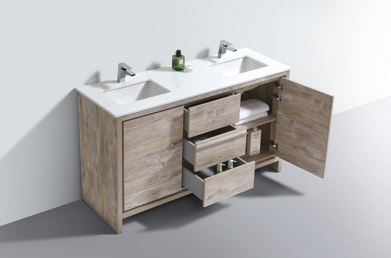 Kubebath Dolce 60″ Double Sink Nature Wood White Countertop in Dolce 60&amp;quot; Double Sink Vanity