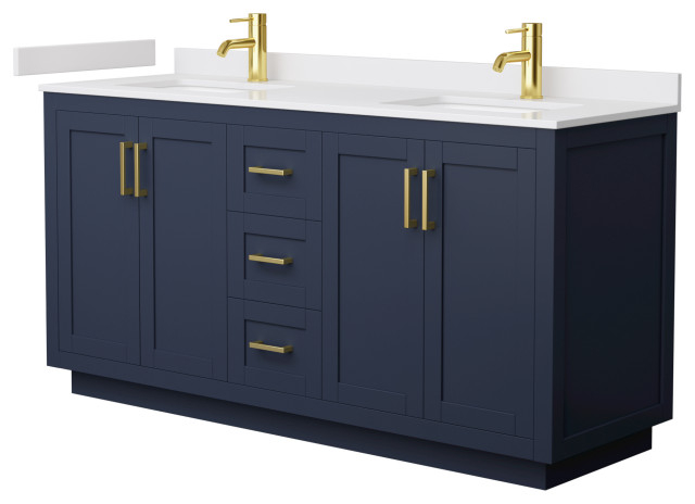 Miranda 66&amp;quot; Double Vanity, Dark Blue, White Cultured Marble Top, Gold ... pertaining to 66&amp;quot; Double Bathroom Vanity Dark Blue