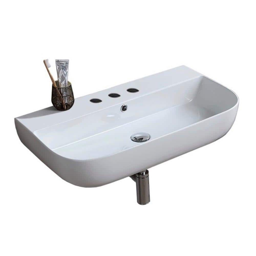 Nameeks Glam Wall Mounted Vessel Bathroom Sink In White With 3 Faucet ... within Everything You Need to Know About Nameeks 5003 Three Hole Scarabeo 31-1/2&amp;quot; White Wall Mount