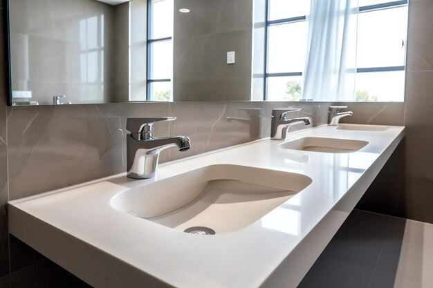 Premium Photo | Modern Public Bathroom With Row Of White Ceramic Wash ... inside The Practical Advantages of White Ceramic Basins in Contemporary Bathroom Design