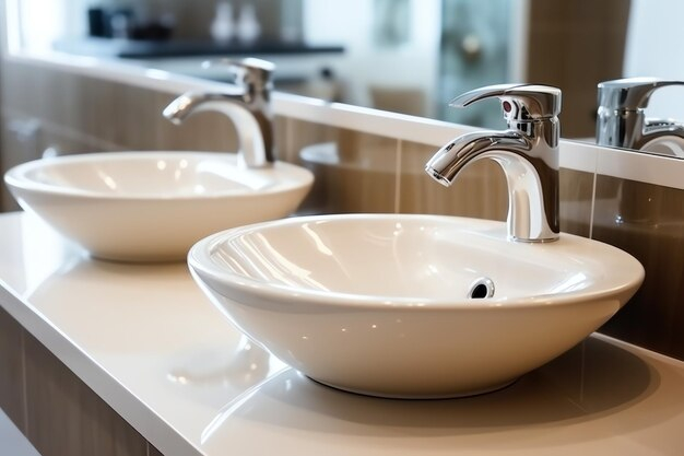 Premium Photo | Modern Public Bathroom With Row Of White Ceramic Wash ... regarding The Practical Advantages of White Ceramic Basins in Contemporary Bathroom Design