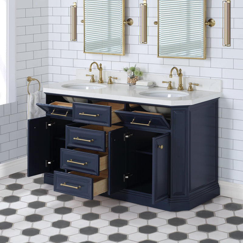 Water Creation Palace 60&amp;quot; Carrara Quartz Countertop Bath Vanity In ... regarding Creating a Spa-Like Bathroom with Dark Blue Vanity and Carrara Countertop