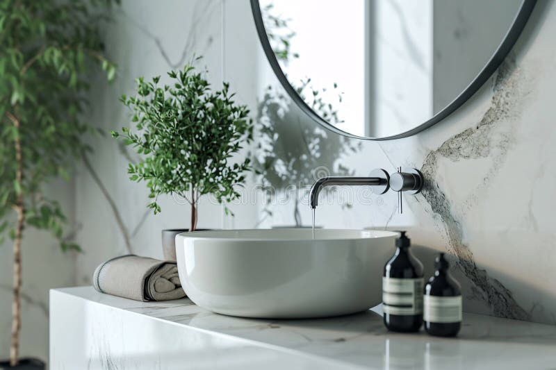 White Marble Countertop And Round Washbasin Modern Luxury Restroom ... pertaining to Creating spa-like spaces through thoughtful countertop and fixture selection