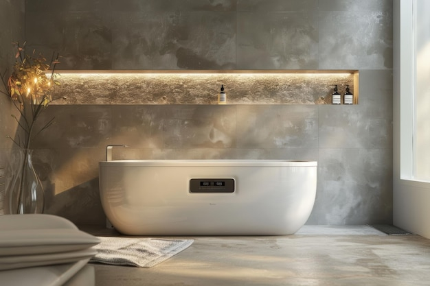 Energy Efficient Heater In Modern Spalike Bathroom With Sleek Fixtures ... inside Maximizing Space Efficiency with Rectangular Bathroom Fixtures Like the WS Bath Collections Energy 55 Energy 21-1116
