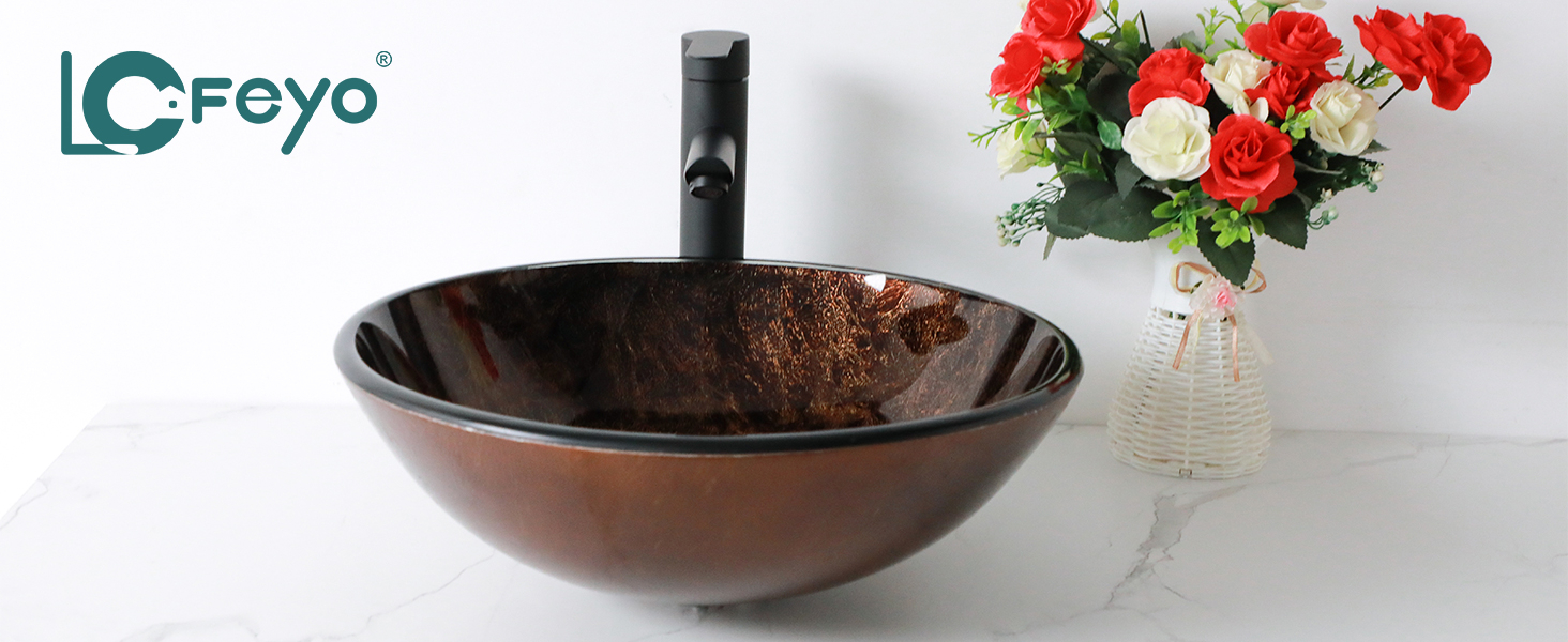 Lofeyo Small Bathroom Sink 17&amp;quot; Brown Glass Vessel Sink With Faucet And ... inside The Role of Material Quality in Vessel Sink Longevity and Performance