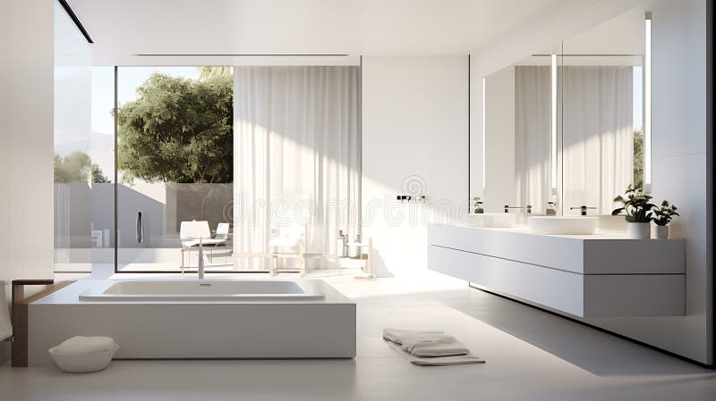 Modern White Bathroom With Sleek Fixtures And Minimalist Design Stock ... for Nameeks Cerastyle 078500-U-Three Hole Aqua 21-11/16&amp;quot; Rectangular - White