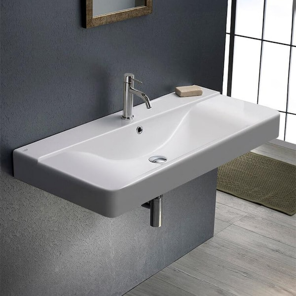 Nameeks Mona Modern White Ceramic Rectangular Wall Mounted Sink With ... for Nameeks 3004-Three Hole Scarabeo 24-1/4&amp;quot; Ceramic Wall Mounted / - White